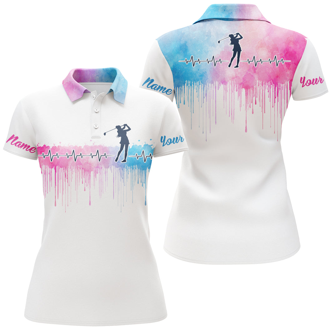 Golf Heartbeat Golfer Pink blue watercolor women golf polo shirt custom name gifts for golf lovers NQS3762