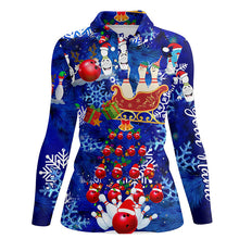 Load image into Gallery viewer, Womens Bowling Polo Shirts Custom blue Christmas pattern Bowling Santa ball pins team Ladies Jersey NQS6617