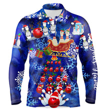 Load image into Gallery viewer, Mens Bowling Polo Shirts Custom blue Christmas pattern Bowling Santa ball pins team Mens Jersey NQS6617