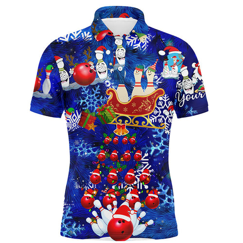 Mens Bowling Polo Shirts Custom blue Christmas pattern Bowling Santa ball pins team Mens Jersey NQS6617