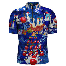 Load image into Gallery viewer, Mens Bowling Quarter-Zip Shirts Custom blue Christmas pattern Bowling Santa ball pins team Mens Jersey NQS6617