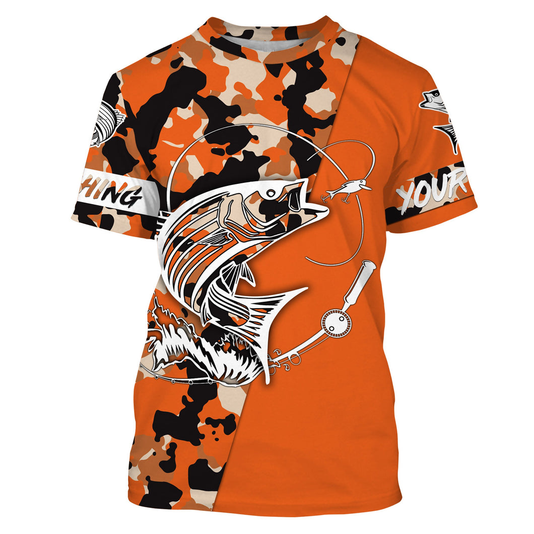 Custom Name striped bass fishing tattoos Camouflage Orange shirt Performance Fishing Shirt, Striper Fishing Jerseys NQS2507