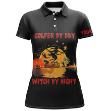 Load image into Gallery viewer, Women golf polo shirts custom name black Halloween golf tees golfer by day witch by night NQS6389