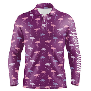 Mens golf polo shirt purple flamingos birds pattern tropical custom name team golf polo shirts NQS4950