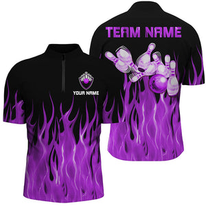 Personalized Men Quarter Zip Bowling Shirt purple Flame Bowling Ball Pins bowling jerseys for Bowler NQS7302