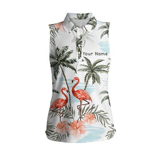 Flamingo tropical palm tree womens sleeveless polo shirts custom ladies golf tops, golf gifts NQS6878