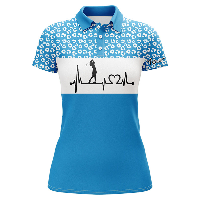 Womens golf polo shirt golf heartbeat custom name leopard pattern golf shirt, womens golf gift ideas NQS4959