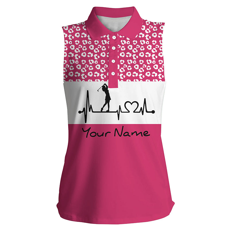 Women's sleeveless golf polo shirt golf heartbeat custom name leopard pattern golf shirt, golf gifts NQS4959