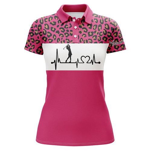 Womens golf polo shirt golf heartbeat custom name leopard golf shirt, golfing gifts for women NQS4960