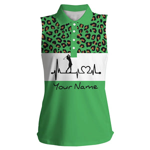 Women's sleeveless golf polo shirt  golf heartbeat custom leopard golf shirt, golfing gifts for women NQS4960