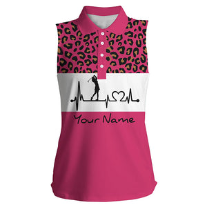 Women's sleeveless golf polo shirt  golf heartbeat custom leopard golf shirt, golfing gifts for women NQS4960