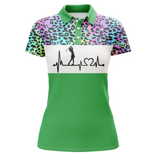 Load image into Gallery viewer, Womens golf polo shirt custom name rainbow gradient leopard golf heartbeat, golfing gifts for women NQS4961