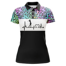Load image into Gallery viewer, Womens golf polo shirt custom name rainbow gradient leopard golf heartbeat, golfing gifts for women NQS4961
