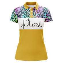 Load image into Gallery viewer, Womens golf polo shirt custom name rainbow gradient leopard golf heartbeat, golfing gifts for women NQS4961