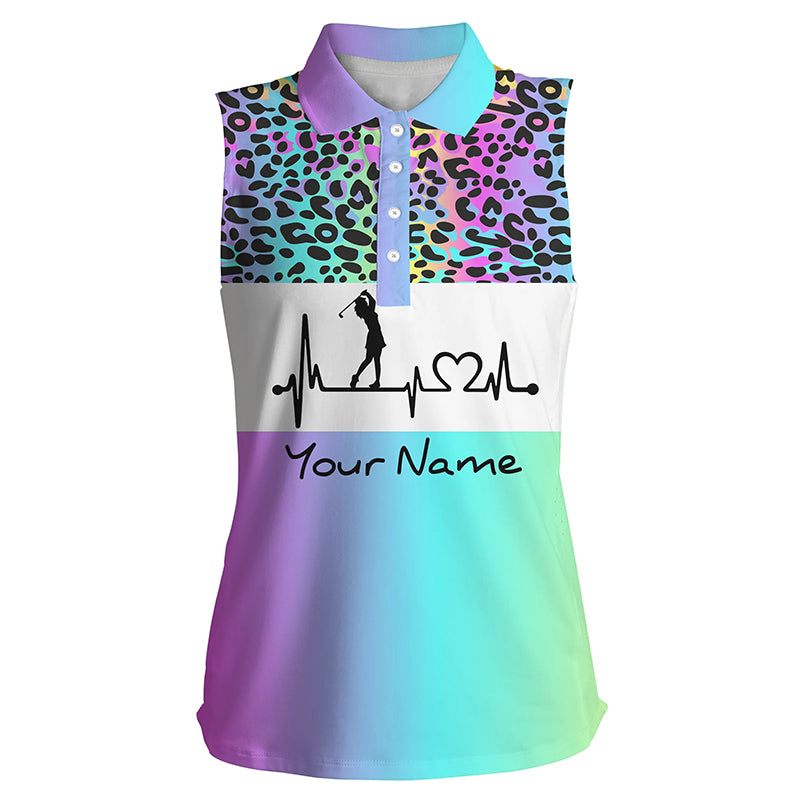 Women's sleeveless golf polo shirt custom rainbow gradient leopard golf heartbeat, golfing gifts NQS4961