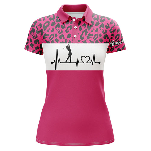 Womens golf polo shirt custom name pink leopard pattern golf heartbeat, golfing gifts for women NQS4962