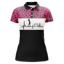 Load image into Gallery viewer, Womens golf polo shirt custom name pink leopard pattern golf heartbeat, golfing gifts for women NQS4962