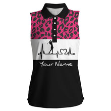 Load image into Gallery viewer, Women&#39;s sleeveless golf polo shirt custom pink leopard pattern golf heartbeat, golfing gifts for women NQS4962