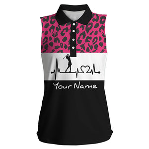 Women's sleeveless golf polo shirt custom pink leopard pattern golf heartbeat, golfing gifts for women NQS4962