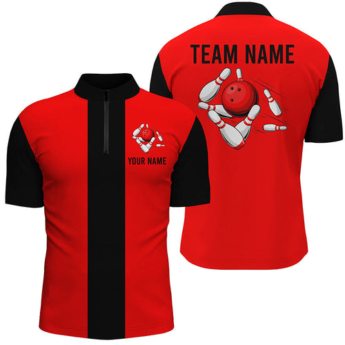 Personalized Red Black Retro Bowling Quarter Zip shirt For Men custom vintage bowling team jerseys NQS6881