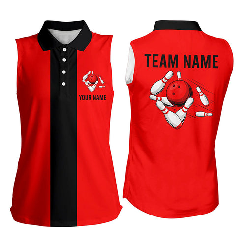 Personalized Red Black Retro Bowling sleeveless polo shirt For women, vintage bowling team jerseys NQS6881