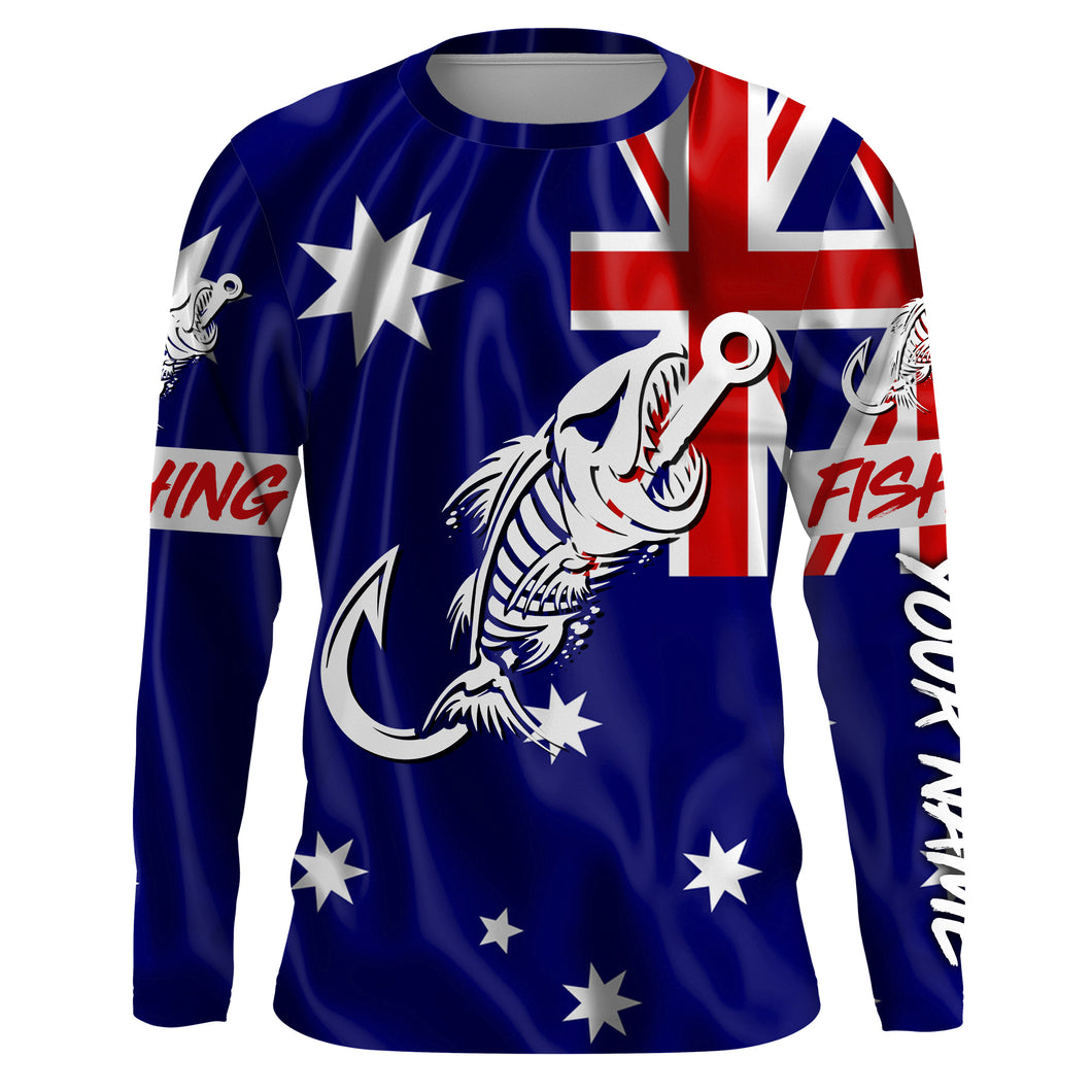 Customized Australian long sleeve fishing shirts Australian Flag Fish hook skull performance shirts NQS3325