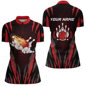 Women's bowling shirt Quarter Zip custom Flame Bowling Ball and Pins bowling jerseys, bowling gifts NQS4397