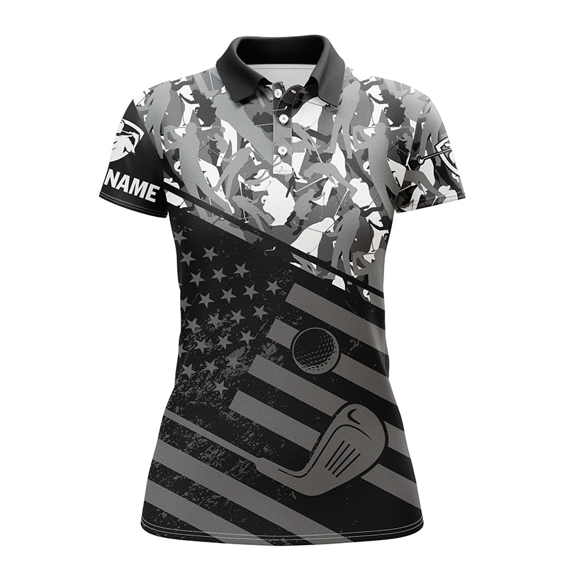 Womens golf polo shirts black American flag patriotic gray camo polo custom name golfing gifts NQS4756