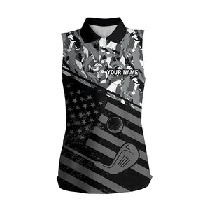 Womens sleeveless polo shirt black American flag patriotic gray camo polo custom name golfing gifts NQS4756