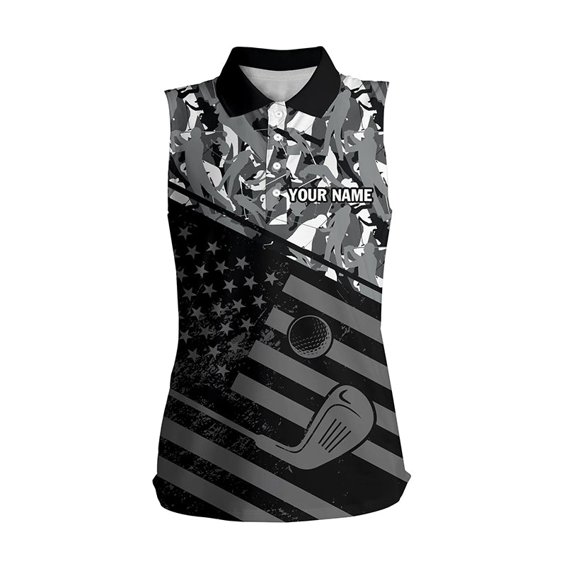 Womens sleeveless polo shirt black American flag patriotic gray camo polo custom name golfing gifts NQS4756