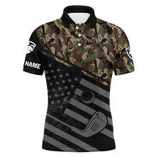 Load image into Gallery viewer, Mens golf polo shirt black American flag patriotic green camo polo custom name golfing gifts NQS4757