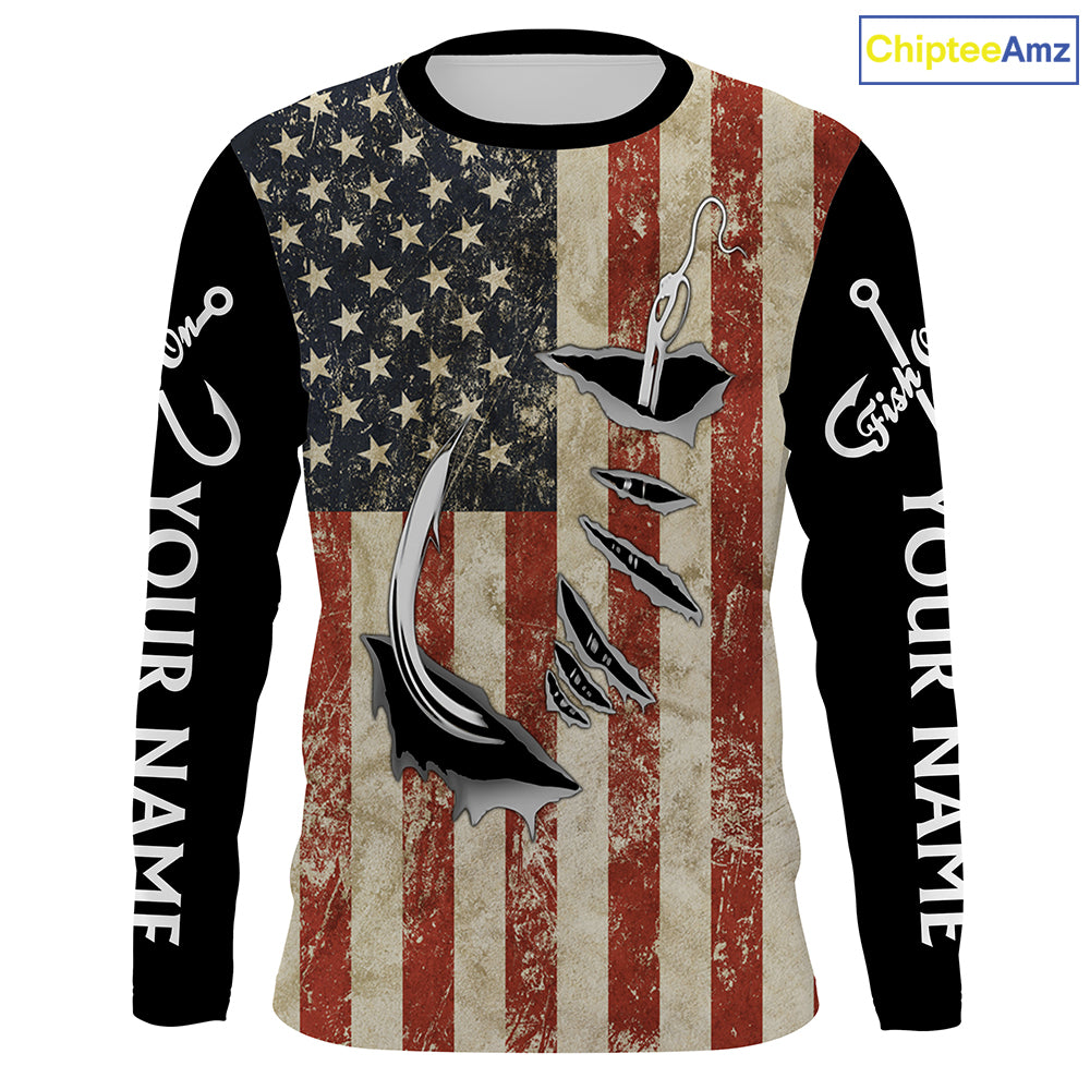 US Fishing Fish Hook American Flag patriotic UV protection custom long sleeves fishing apparel NQS1343
