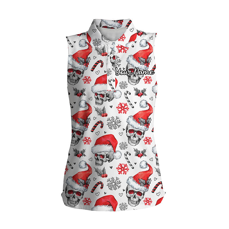 Womens sleeveless polo shirt funny Christmas skull pattern custom team golf polo shirts, golfer gifts NQS4407