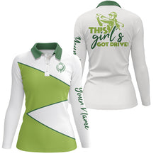 Load image into Gallery viewer, White and green Womens golf polo shirts custom name This girl &#39;s got drive funny ladies golf tops NQS5317