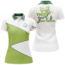 Load image into Gallery viewer, White and green Womens golf polo shirts custom name This girl &#39;s got drive funny ladies golf tops NQS5317