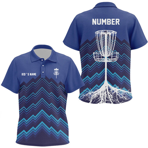 Kid Disc golf polo shirts custom blue pattern Disc Golf Basket Tree jerseys, disc golf shirt NQS6684
