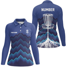 Load image into Gallery viewer, Womens Disc golf polo shirt custom blue pattern Disc Golf Basket Tree jerseys, disc golf shirt NQS6684