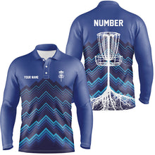 Load image into Gallery viewer, Mens Disc golf polo shirts custom blue pattern Disc Golf Basket Tree jerseys, frisbee golf shirt NQS6684