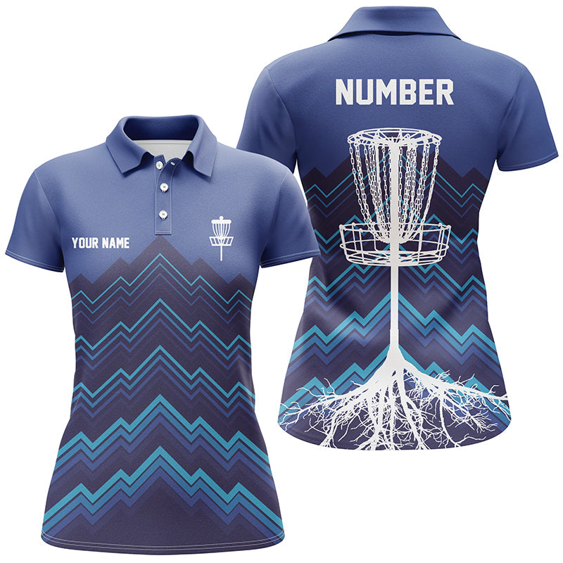 Womens Disc golf polo shirt custom blue pattern Disc Golf Basket Tree jerseys, disc golf shirt NQS6684