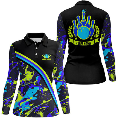 Women bowling polo shirts Custom green and blue bowling camo pattern black Team league Jerseys NQS7333