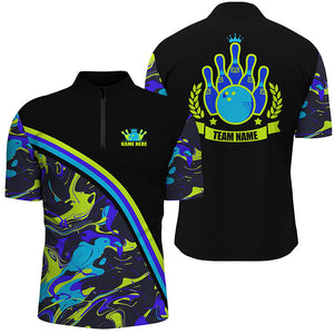 Men bowling Quarter Zip shirts Custom green and blue bowling camo pattern black Team league Jerseys NQS7333