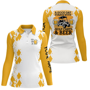 Womens golf polo shirt Custom name A good day starts with golf carts and beer, funny golf beer shirts NQS5324