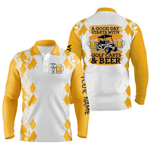 Load image into Gallery viewer, Mens golf polo shirt Custom name A good day starts with golf carts and beer, funny golf beer shirts NQS5324