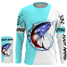 Load image into Gallery viewer, Tuna fishing American flag Custom Name long sleeve performance fishing shirt jerseys | Bright Sky Blue NQS3814