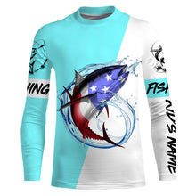 Load image into Gallery viewer, Tuna fishing American flag Custom Name long sleeve performance fishing shirt jerseys | Bright Sky Blue NQS3814