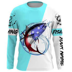 Tuna fishing American flag Custom Name long sleeve performance fishing shirt jerseys | Bright Sky Blue NQS3814