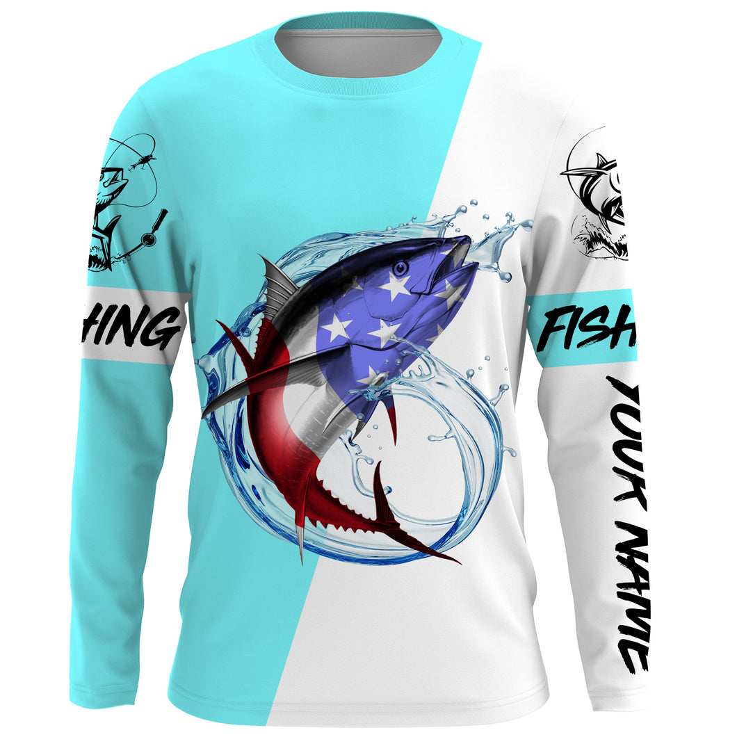 Tuna fishing American flag Custom Name long sleeve performance fishing shirt jerseys | Bright Sky Blue NQS3814