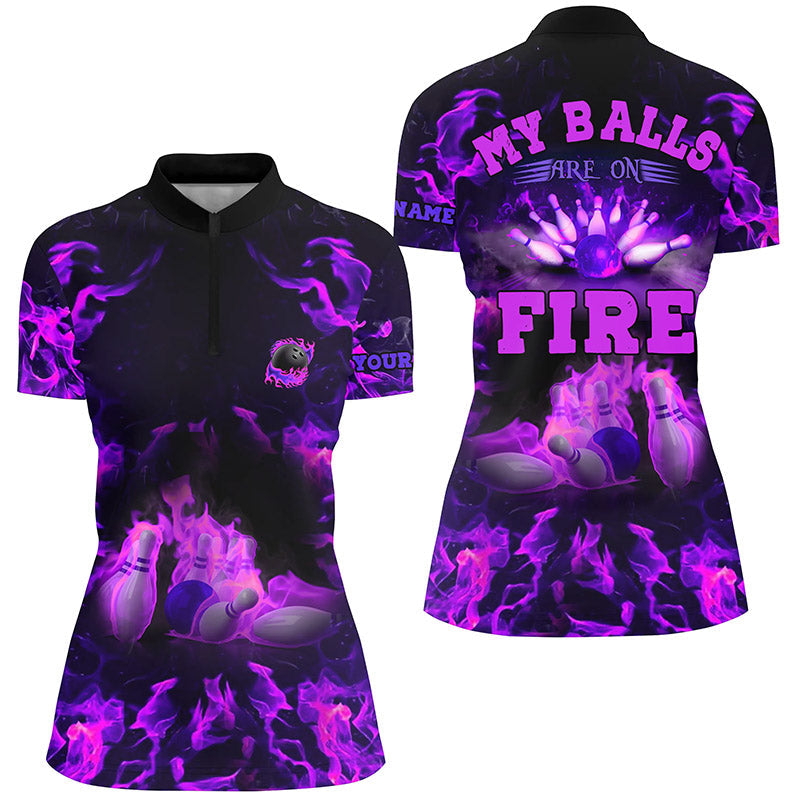 Purple Flame bowling shirt custom my balls are on fire bowling Quarter Zip shirts for women jersey NQS6459