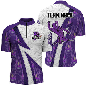 Custom Bowling Quarter Zip Shirt For Men purple flame camo Bowling Jersey 1/4 Zip Bowling Team Shirt NQS6462