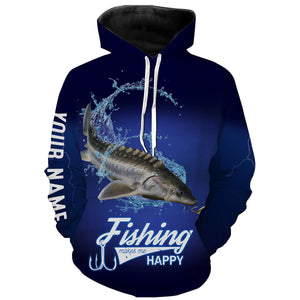 Fishing Makes Me Happy Sturgeon Fishing 3D All Over printed Customized Name Shirts For Adult And Kid NQS312